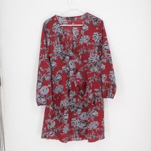 August Women's Red Floral Long Sleeve Faux‎ Wrap Ruffle Mini Dress Size Medium